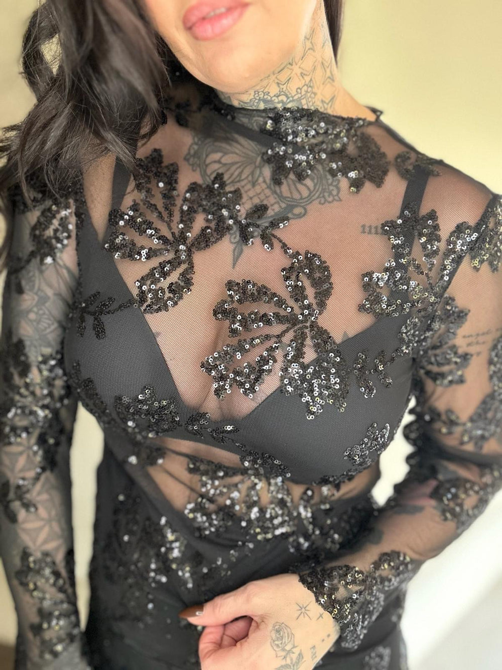 HOT ITEM mesh sequin embrodery top