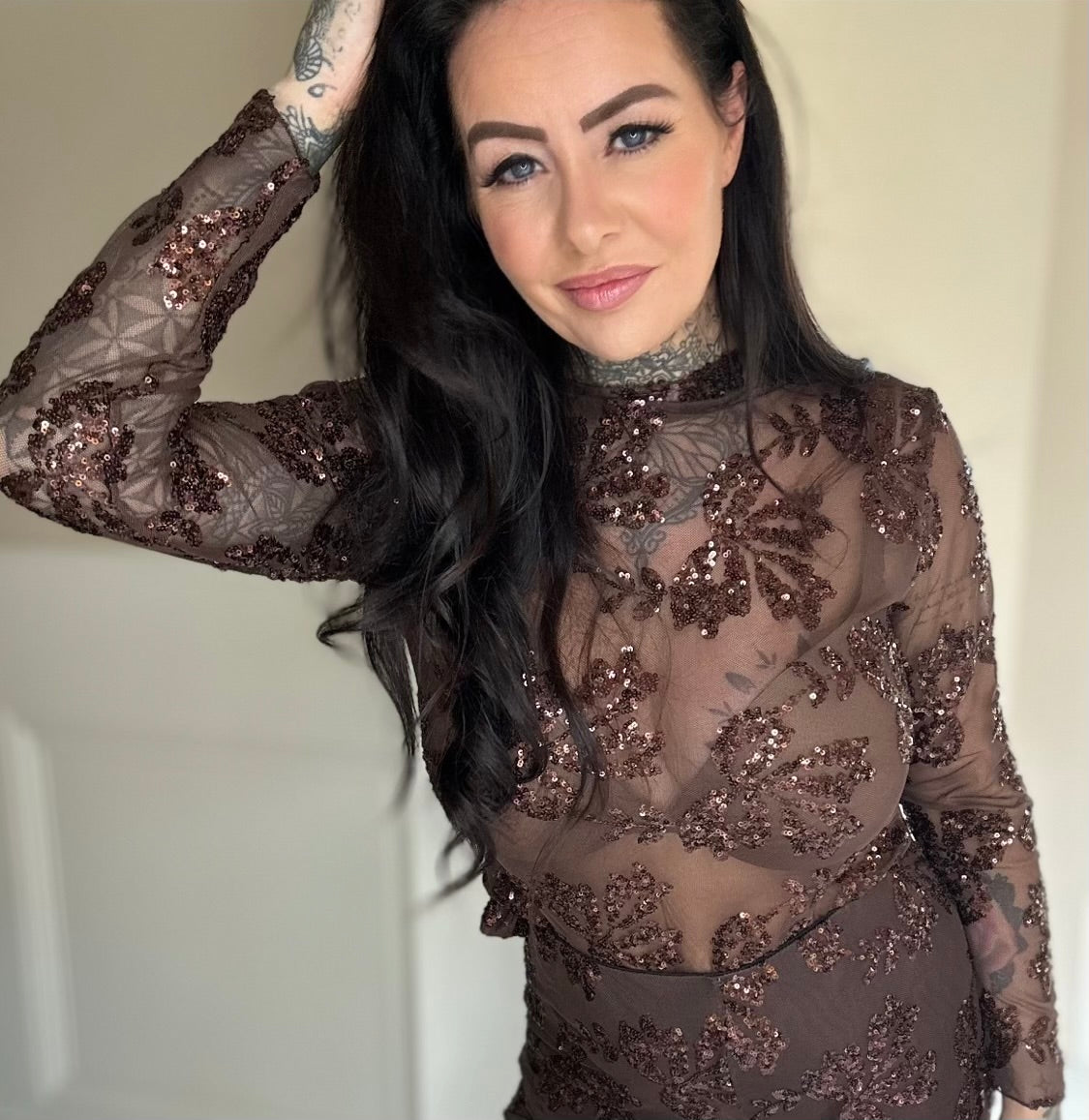 HOT ITEM mesh sequin embrodery top